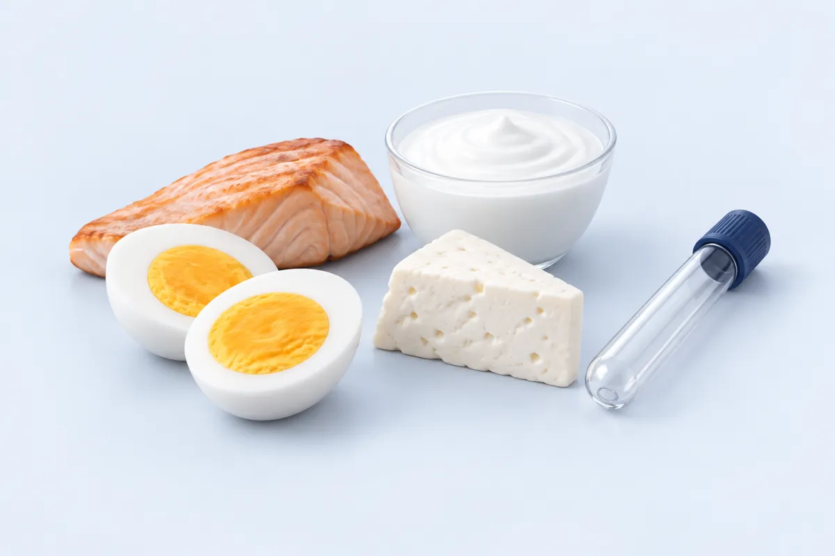 B12 kaynakları: yumurta, balık, yoğurt ve beyaz peynir; yanında kan tüpü