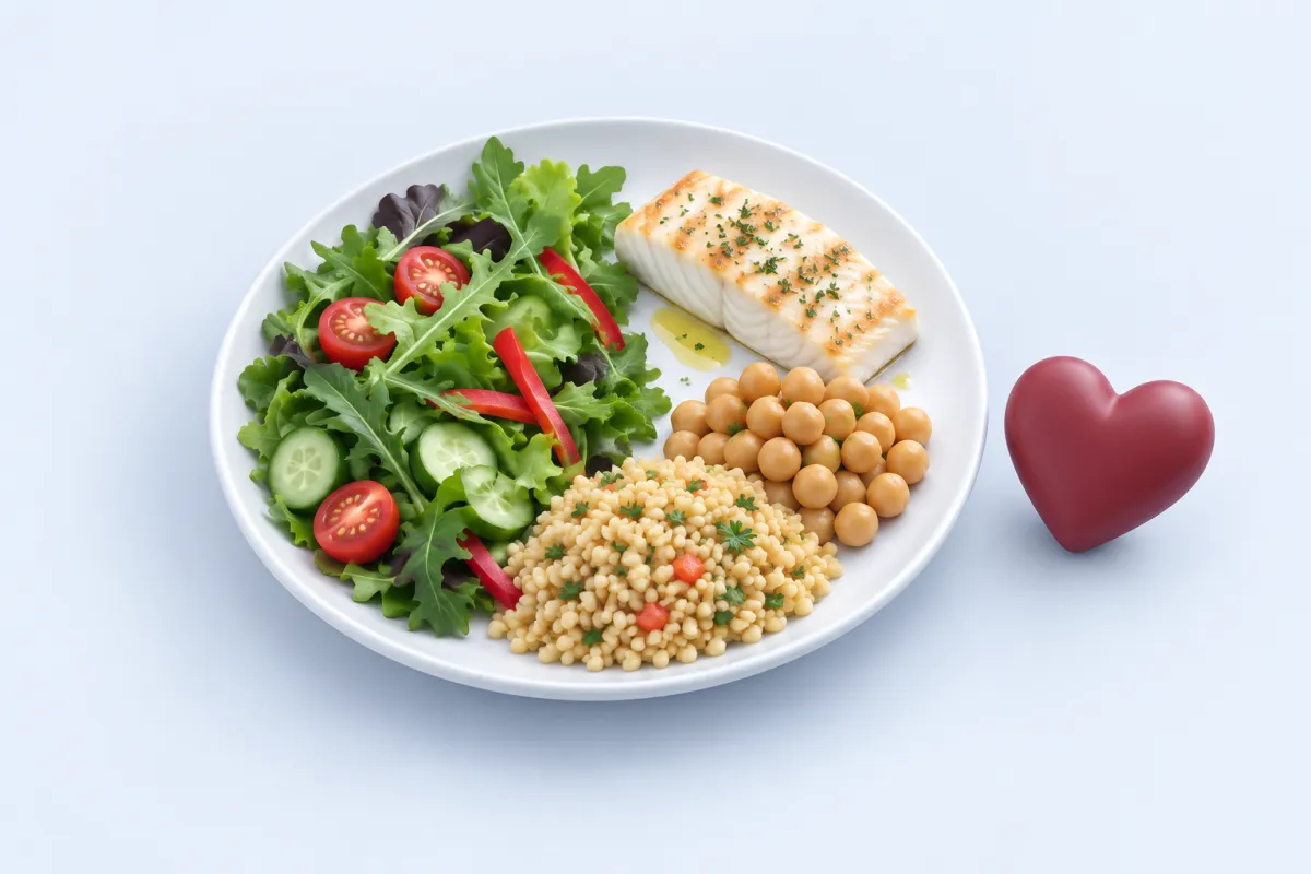 Yarısı sebze ve salata, kalanı balık, nohut ve bulgurdan oluşan kalp dostu tabak