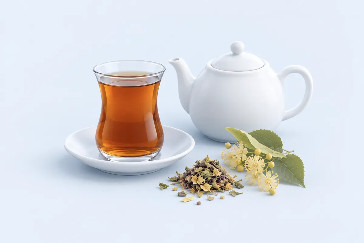 İnce belli bardakta çay, demlik, kuru bitki çayı yaprakları ve ıhlamur dalı