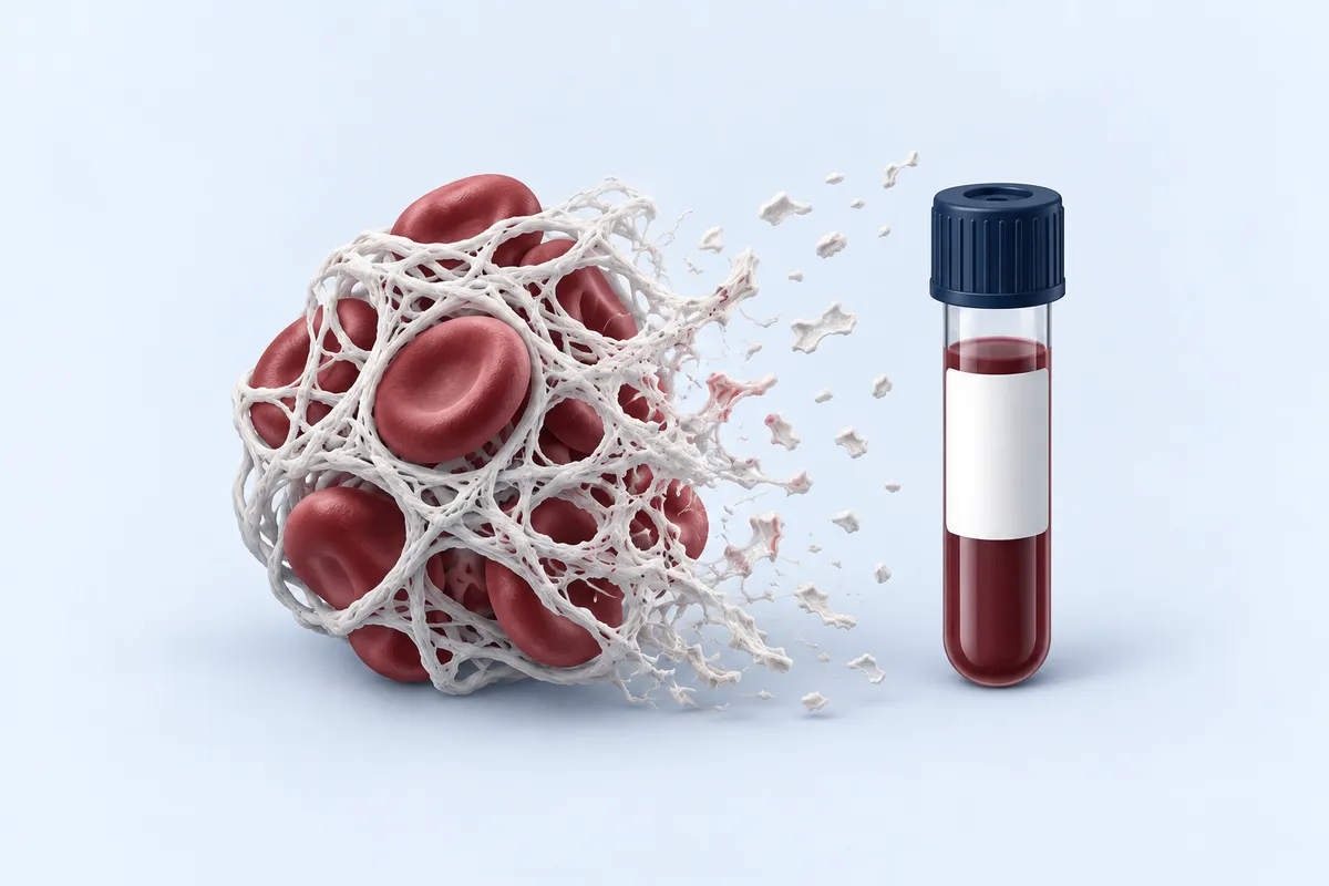Fibrin ağı ve kan hücrelerinden oluşan pıhtının bir kenarından çözülmesi; yanında kan tüpü