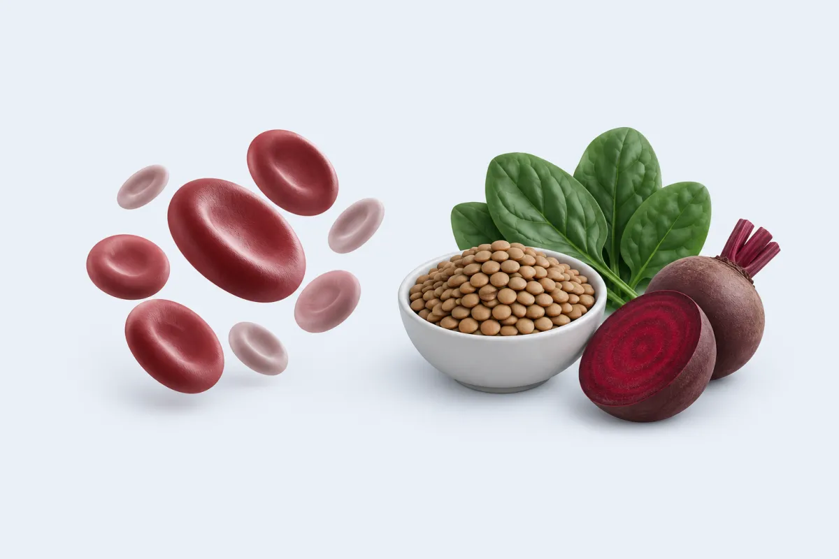 Bir kısmı soluk ve küçük alyuvarlar; yanında mercimek, ıspanak ve pancar