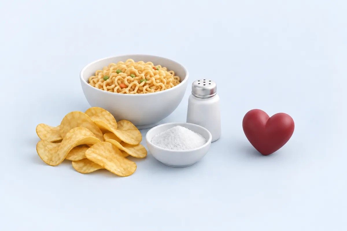 Hazır noodle, cips ve beyaz çeşni tozu ile tuzluk; kalp modelinden uzakta