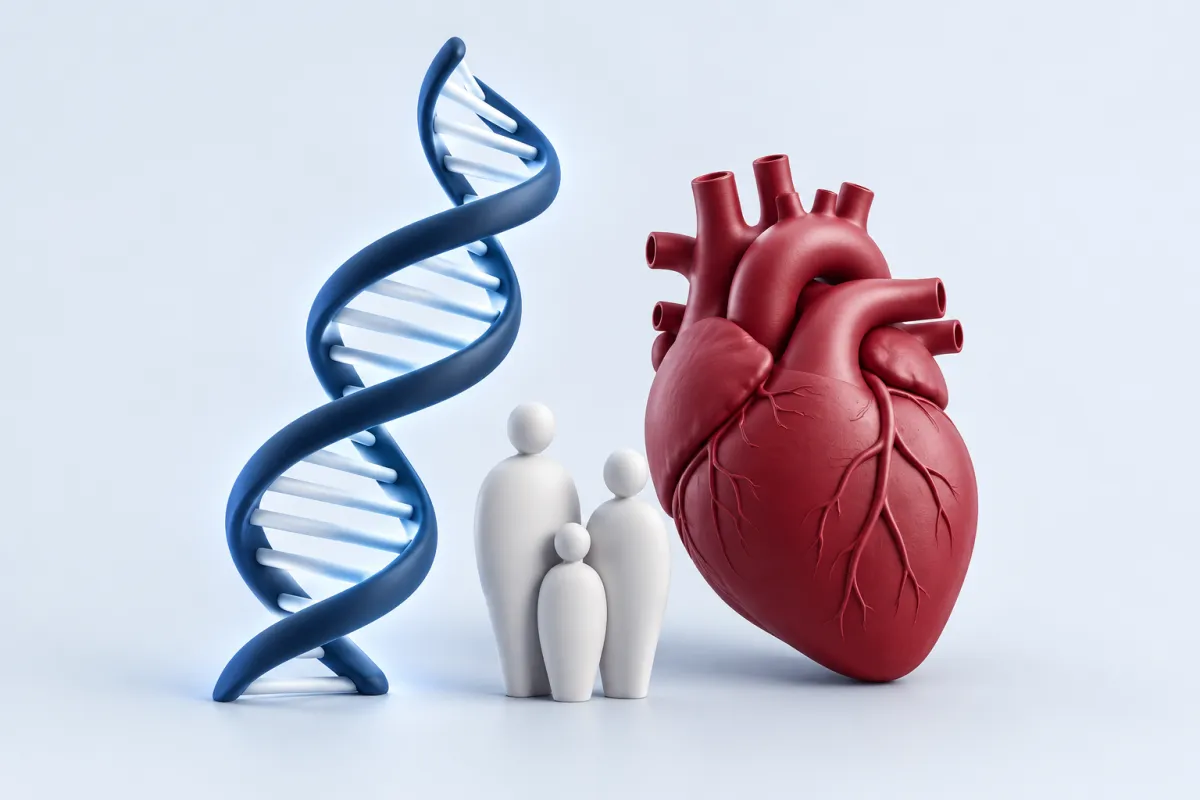 DNA sarmalının kalbe dönüştüğü görsel ve yan yana duran üç aile figürü