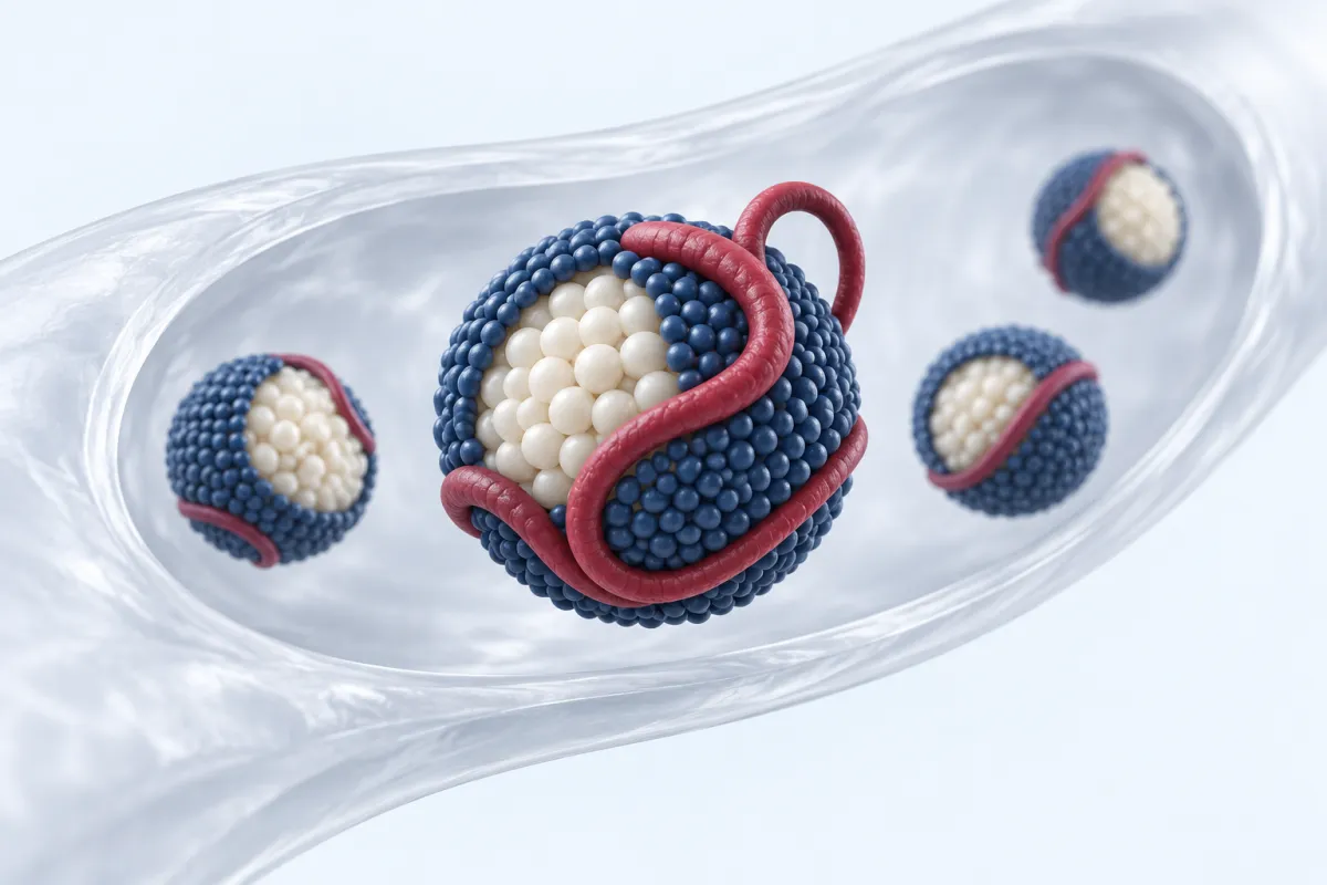 Damar içinde lipoprotein parçacıkları; biri etrafına sarılı ek bir protein zinciri taşıyor
