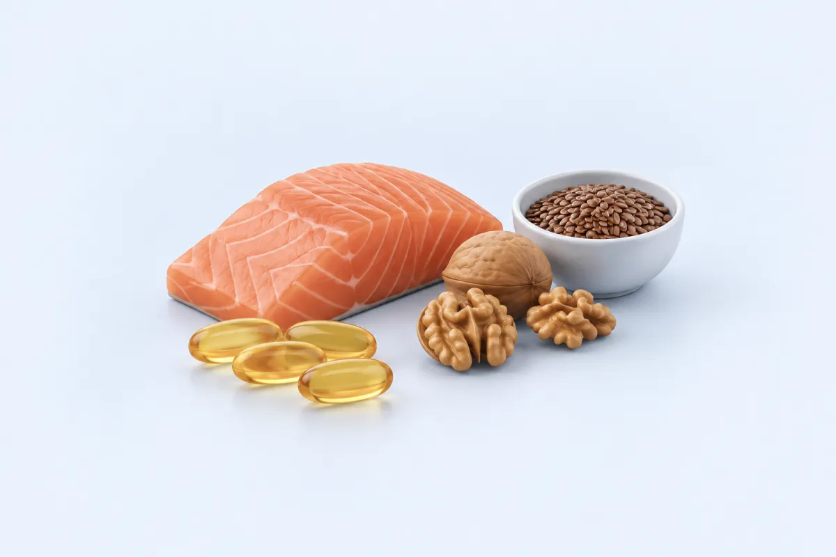 Omega-3 kapsülleri, somon, ceviz ve keten tohumu