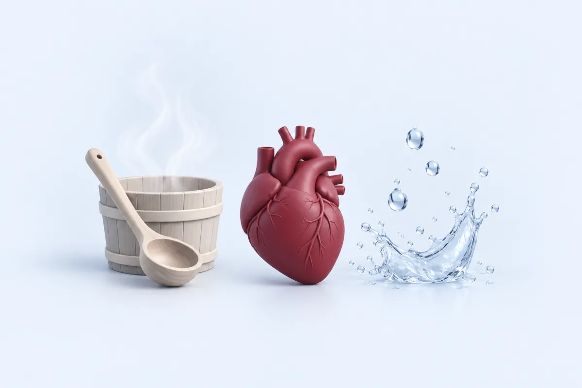 Buhar yükselen sauna kovası ve kepçesi ile soğuk su damlaları arasında kalp modeli