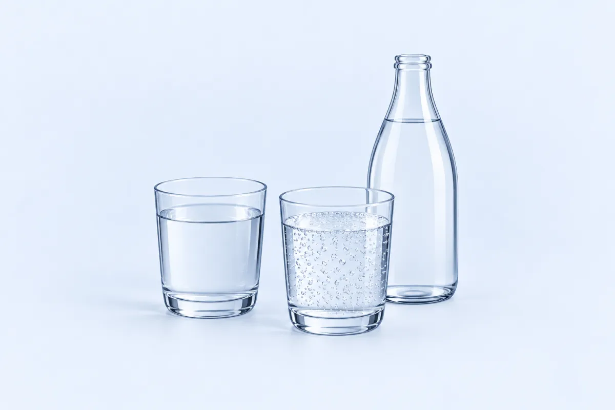 Bir bardak su, bir bardak kabarcıklı maden suyu ve etiketsiz şişe