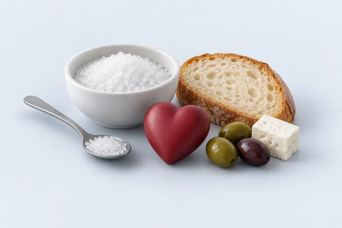 Bir kase tuz ve bir çay kaşığı tuz; yanında ekmek, zeytin ve peynir